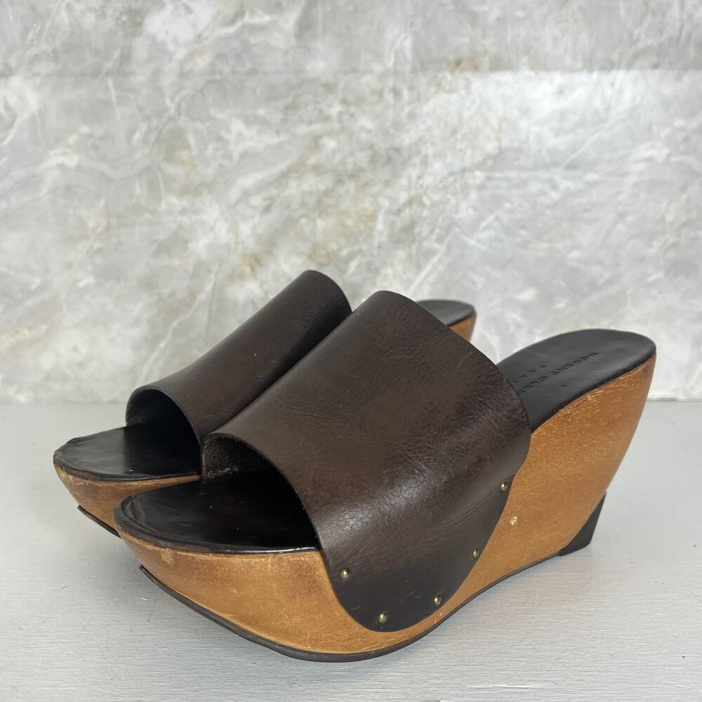 Robert Clergerie Wooden Platform Sandals Studded Leather Strap Women's Size 8.5